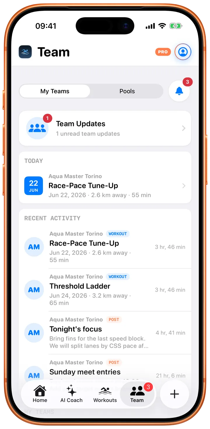 Swimio team dashboard on iPhone